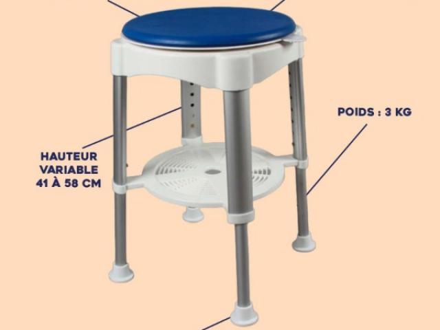 TABOURET DE DOUCHE REGLABLE EN HAUTEUR ET ASSISE PIVOTANTE 